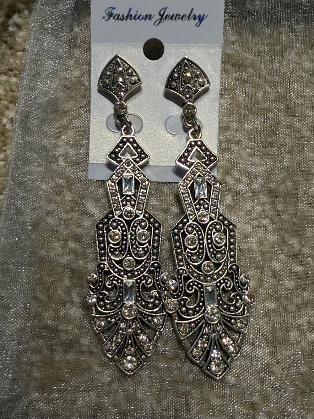 Fashion Jewelry Silver-Tone Filigree Crystal Chandelier Earrings